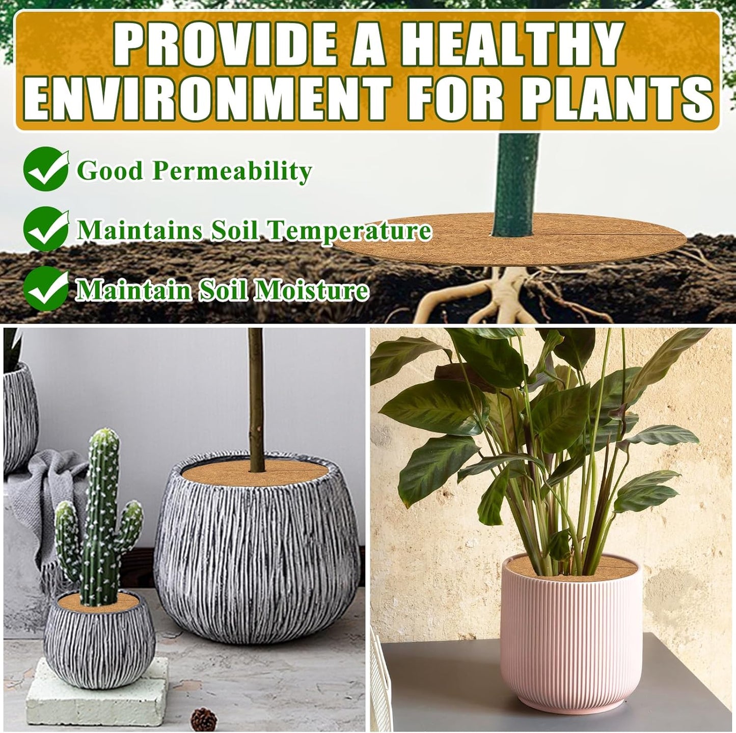 ZeeDix 6 Pack 18 Inch Coconut Fiber Tree Mulch Ring, 100% Natural Coco Coir Tree Ring Mulch Mat, Coconut Coir Discs Plant Cover Tree Protectors Mats Mulch Rings for Landscaping Trees Outdoor Plants