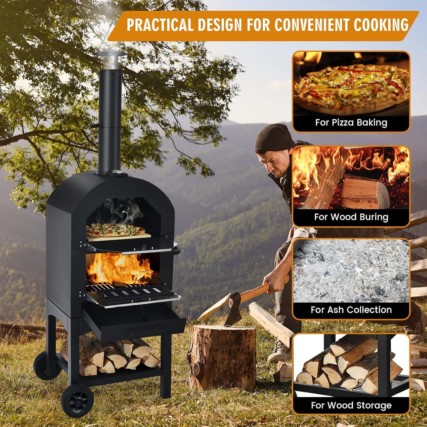 Happygrill Outdoor Pizza Oven Wood Fired, Portable Pizza Maker Grill w/Stone, Peel, Cooking Grids, Built-in Thermometer, Waterproof Cover, Wheels for Barbecue Backyard Camping