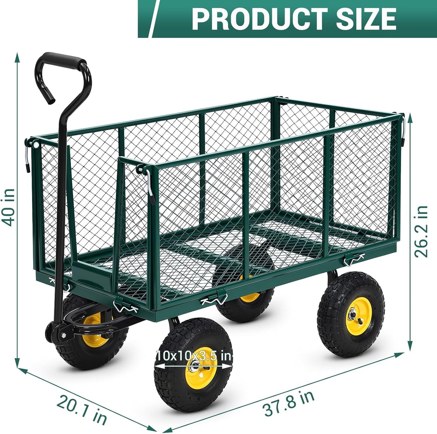 1100 Lbs Steel Garden Cart. Heavy Duty Metal Garden Wagon with 10" Wheels, Pullable Metal Garden Wagon with 180° Rotating Handle and Removable Sides for Farm, Yard