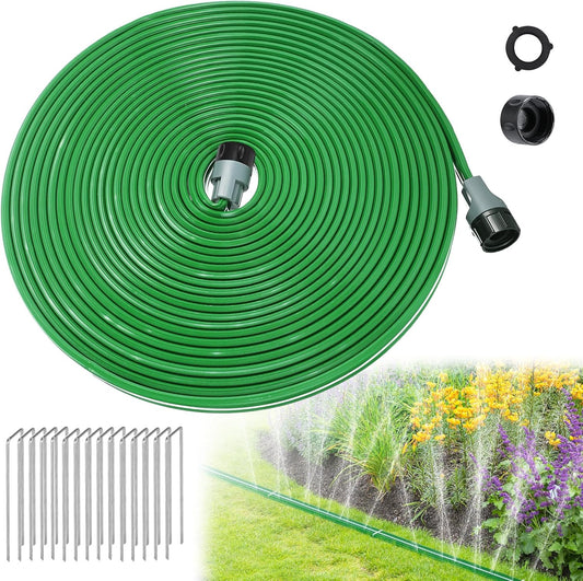 50ft Sprinkler Soaker Hose - Kink-free, Save Water, Flexible - Heavy Duty Three Tube Flat Watering Hose for Garden Yard Lawn Irrigation, With 15 Stakes