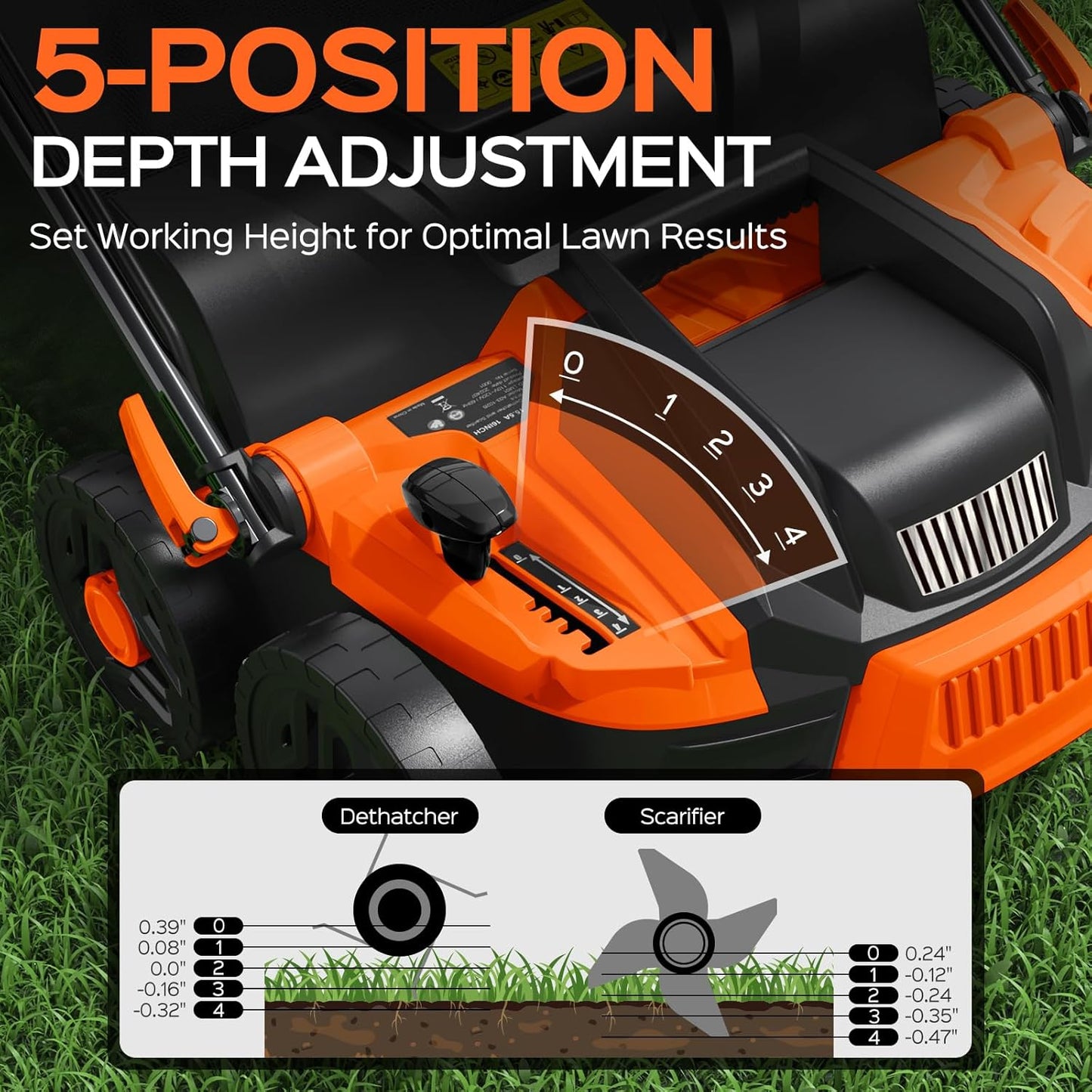 16-Inch 15.5 Amp 2-in-1 Electric Dethatcher and Scarifier with 14.5-Gallon Removable Thatch Collection Bag, Lawn Dethatcher with 5-Position Adjustment, Quick-Fold, Keeps Lawn Healthy - Orange