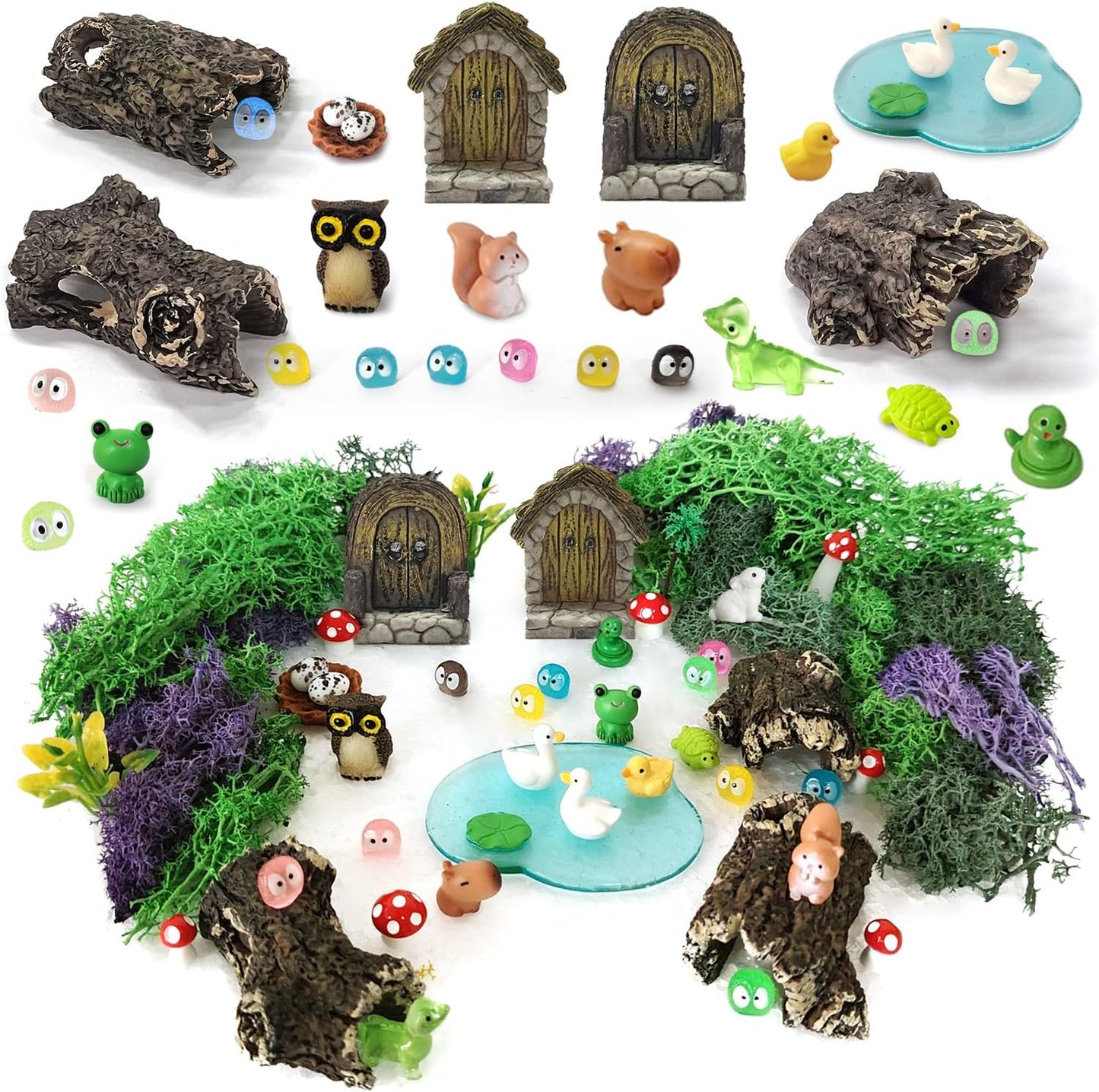 42 Pcs Miniature Fairy Garden Accessories, Fairy Door, Miniature Tree Stumps and Tiny Resin Animal with Moss for DIY Craft, Lawn, Fairy Garden Decor