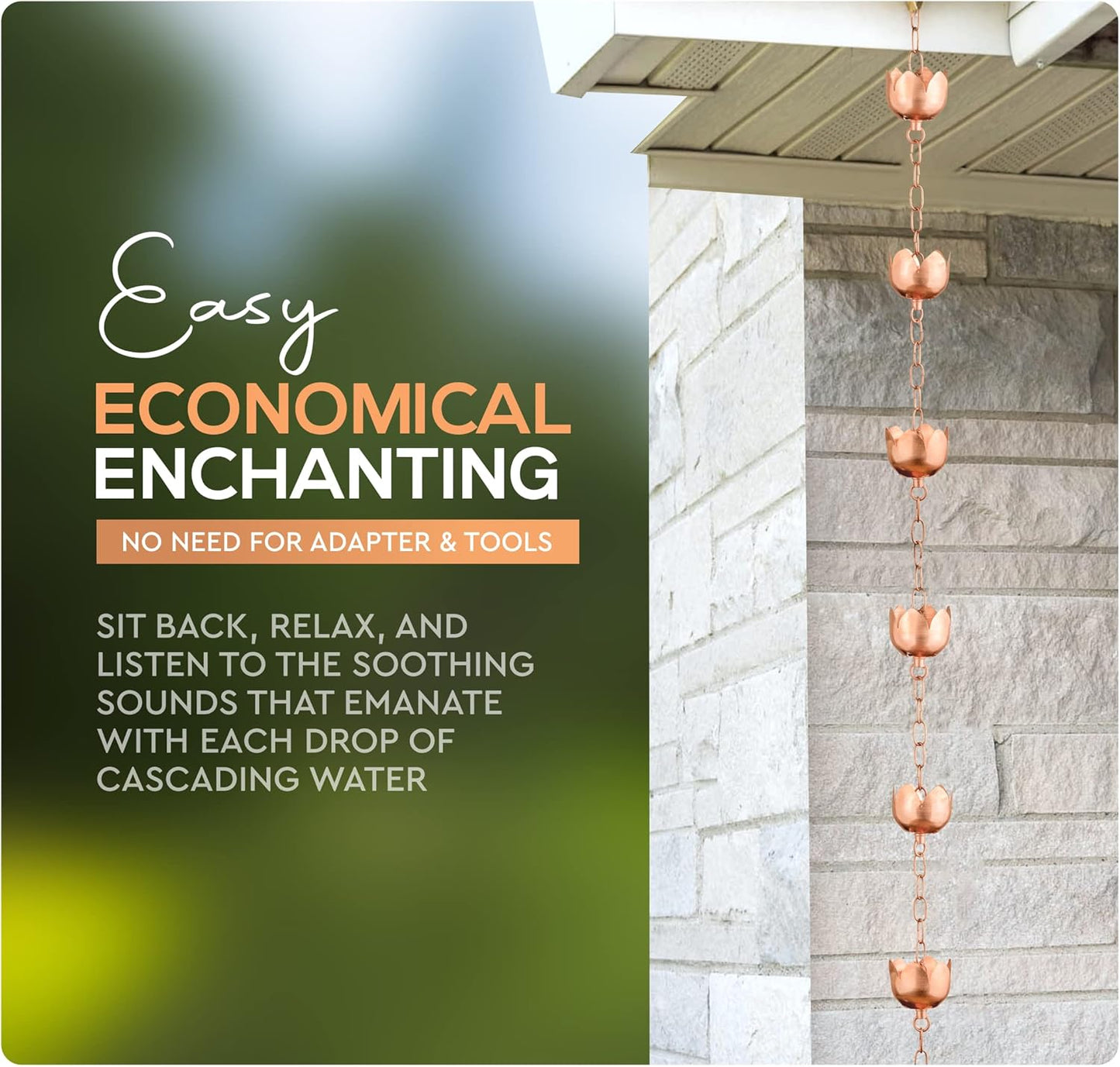 Copper Rain Chain – Decorative Chimes & Cups Replace Gutter Downspout & Divert Water Away from Home for Stunning Fountain Display – 3’ Long for Universal Fit – Flower Style
