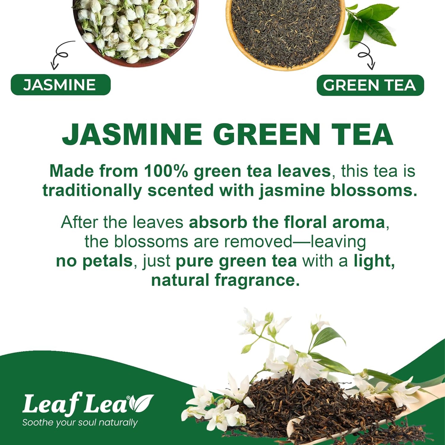 LeafLea 40 Jasmine Green Tea Bags, Premium Green Tea Scented with Jasmine Flowers for Gentle Support & Light Alertness, Floral Smoothness, Caffeinated, Sugar-Free, Non-GMO, Vegan, Individually Wrapped