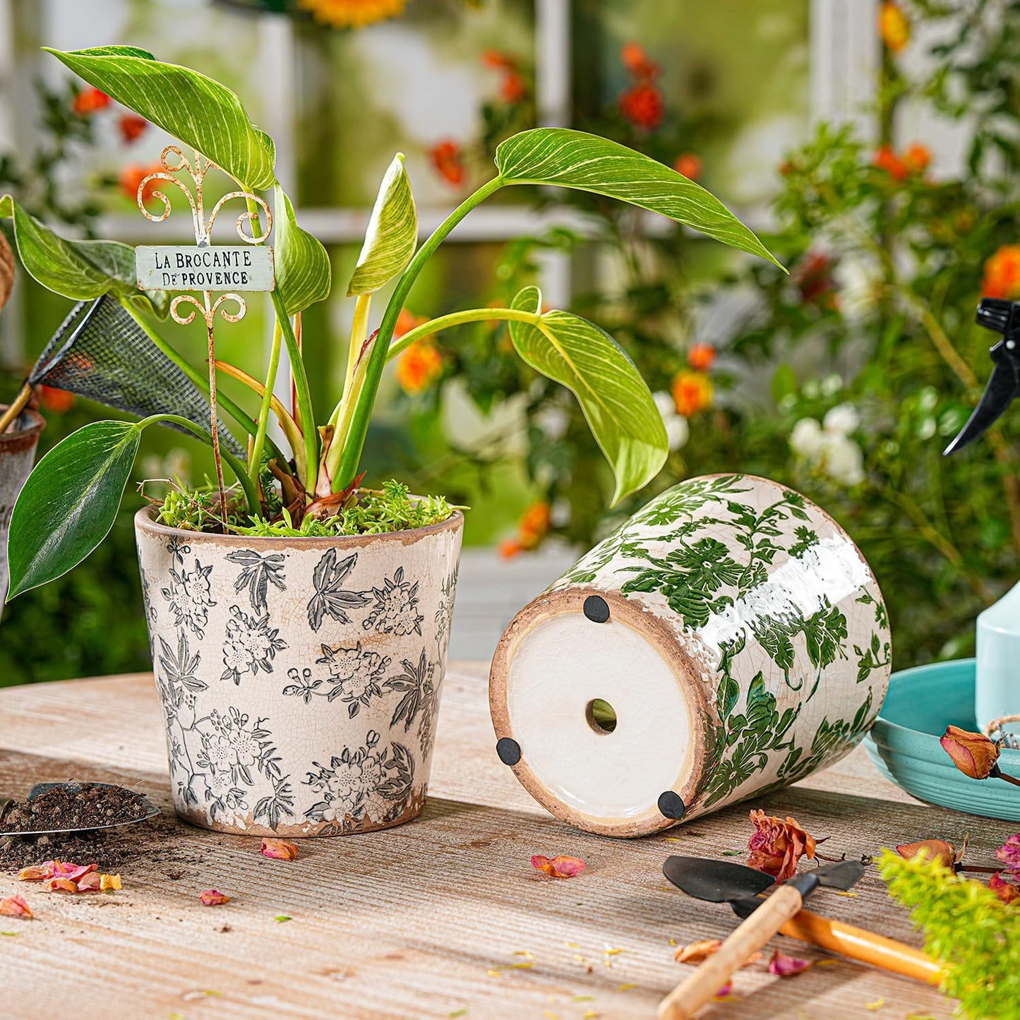 Sungmor Vintage Ceramic Plant Pots, Set of 2 Pretty Ice Cracked Glaze Ceramic Flower Pots, 5.5in. Herb Planters with Drainage Hole, Tuscan Planters for Indoor Outdoor Plants, Home Garden Decor Pot