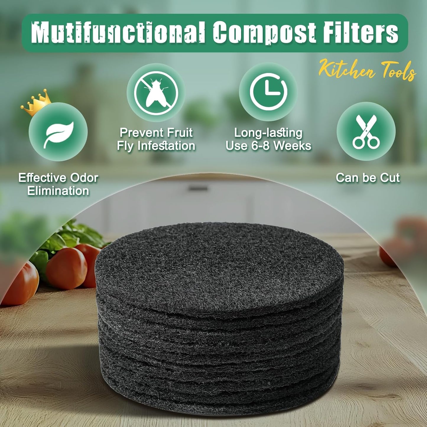 7.25 Inch Charcoal Filters for 10 Pack Kitchen Countertop Compost Bins - Extra Thick 0.3" for Longer Lasting Activated Carbon