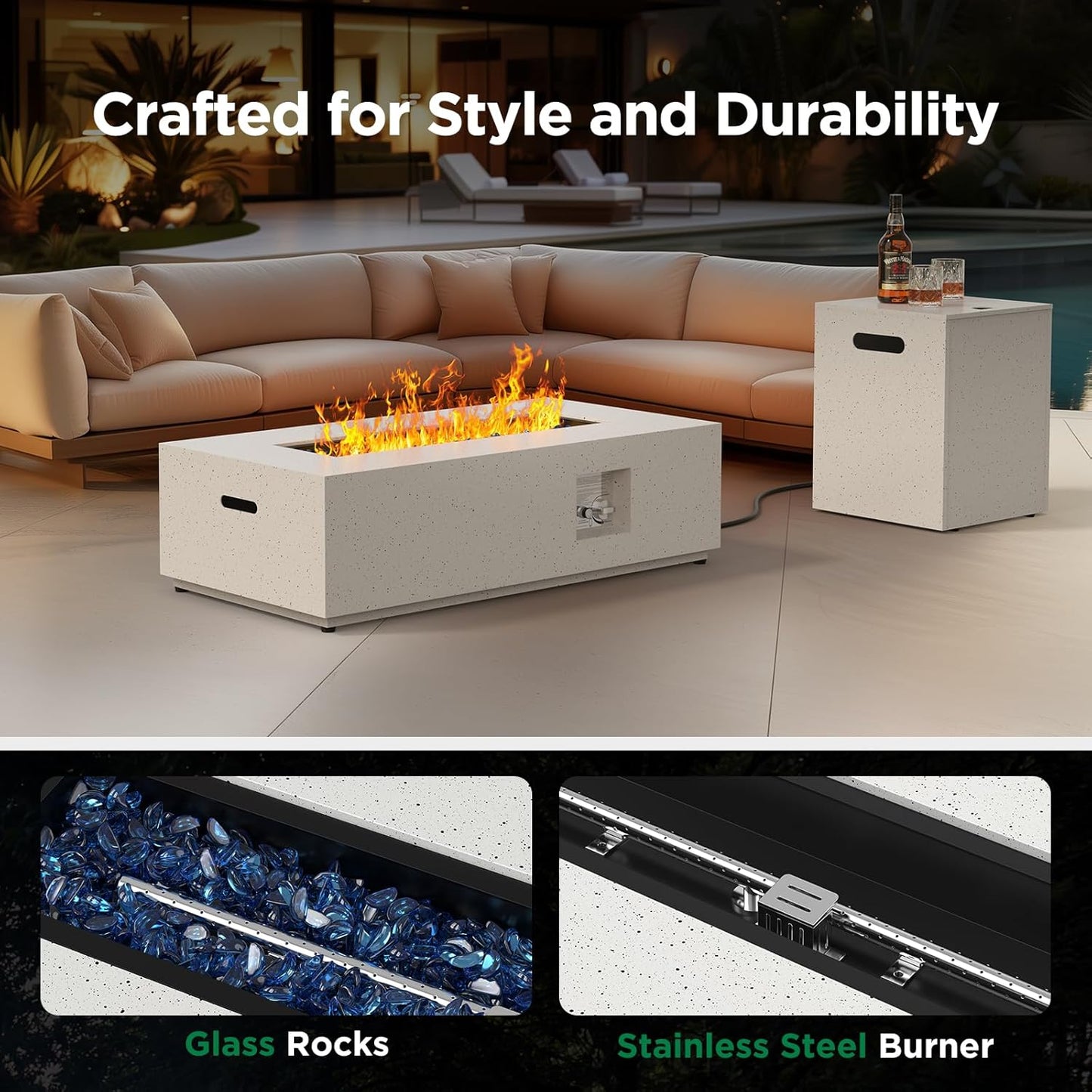 Ciays 43Inch Propane Fire Pit, 50000 BTU Outdoor Gas Fire Pit Table with CSA Certification, Glass Rocks, Rectangular Heater for Patio, Backyard, Deck, Balcony, with Waterproof Cover & Adjustable Legs