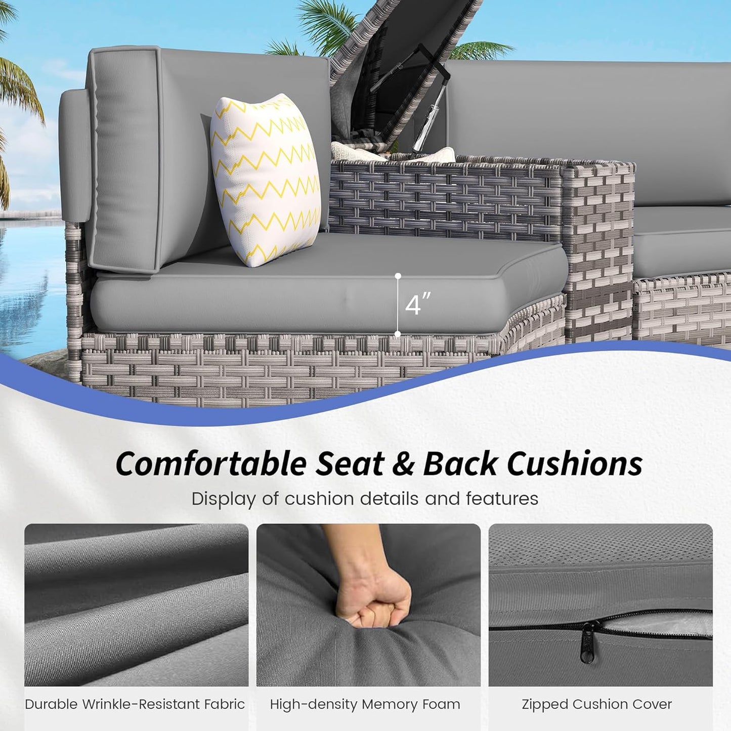 Patio Sectional Furniture Outdoor 8-Piece Grey Rattan Curved Sofa Set with Fire Pit Table,Storage Table,Pillows,Fit for Pool Backyard Balcony Porch Lawn (Grey)