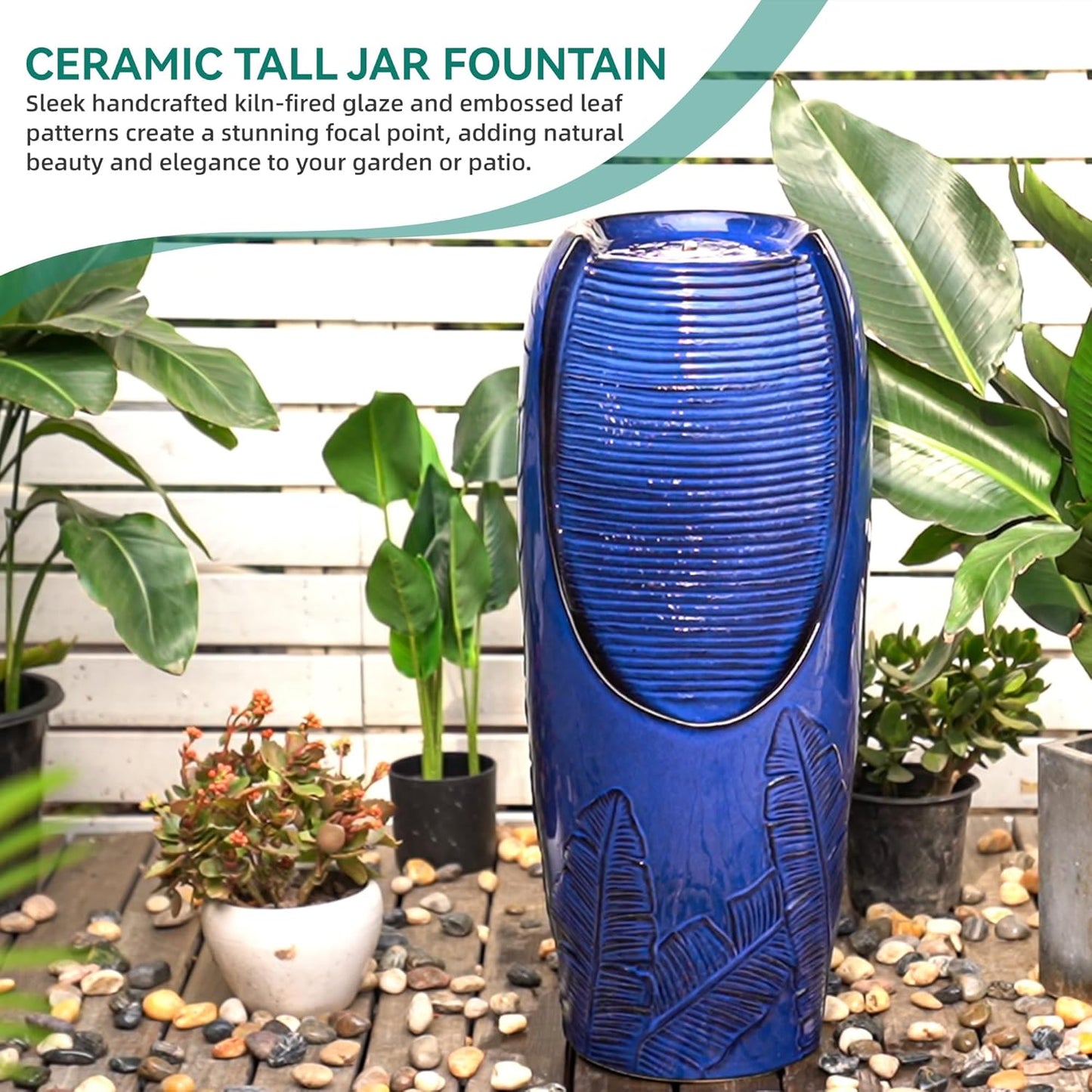 Autodaya 33" H Outdoor Garden Fountain with LED Lights, Modern Ceramic Jar Water Fountain, 3D Tropical Leaf Pattern, Cobalt Blue Glaze, Soothing Cascading Waterfall for Relaxing Patio, Yard, Porch