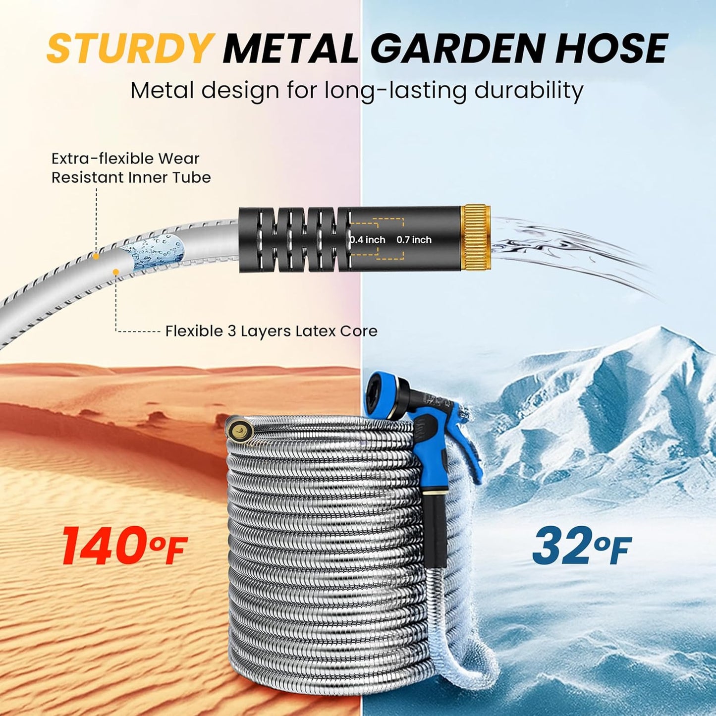 Lefree Garden Hose 75ft, Metal Garden Hose, Stainless Steel Hose with 10-Function Nozzle, Flexible Water Hose, Heavy Duty, Crush Resistant, Leak Proof, No Kinks Garden Hoses for Yard, Outdoors, Rv