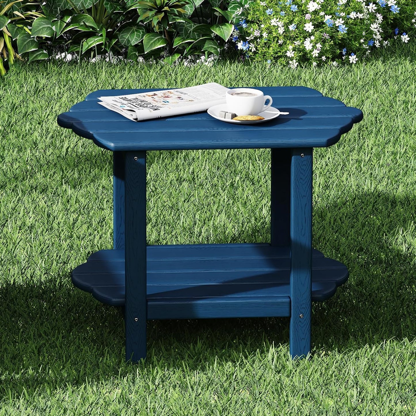 Small Outdoor Side Tables Modern 2-Tier Adirondack Table Rustic End Table HDPE Storage Shelf Industrial Corner Rectangle Coffee Table for Patio Garden Balcony Backyard Pool Farmhouse Home Blue