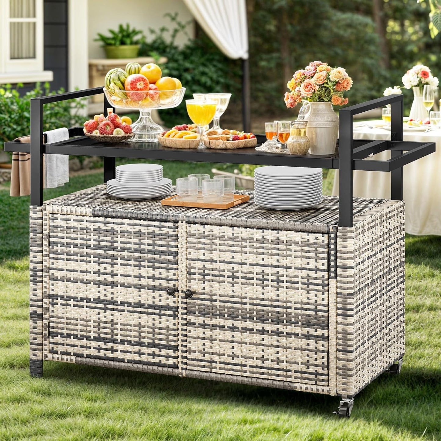 YITAHOME XL Outdoor Storage Cabinet, Outdoor Storage Cart with Wheels and Black Glass Table Top for Patio, Outdoor Cabinet for Poolside and Backyard (Gray Gradient)