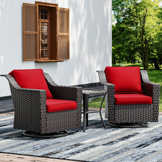Joyside Wicker Patio Furniture Sets, 3 Pieces Upgraded Large Size Outdoor Furniture with 2 Patio Swivel Chairs and 1 Side Table, Thick Cushions, Wide Armrest