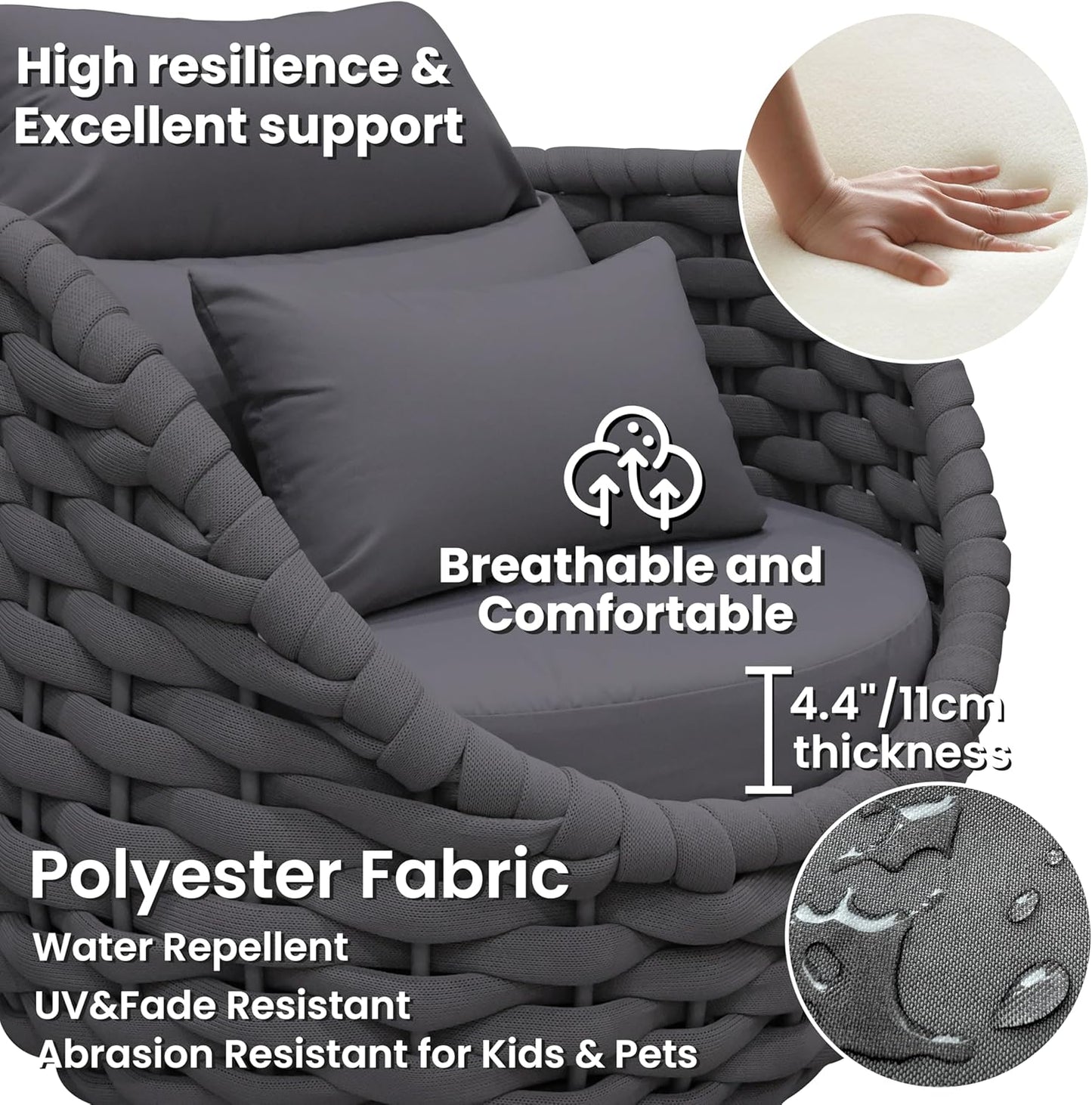 Aluminum Front Porch Furniture Set: 5 Pieces Woven Rope Patio Conversation Set - All Weather Cushioned Outdoor Sofa Set Assembled - Metal Modern Couch Set 400lb Deck Garden Pool Hotel, Dark Gray