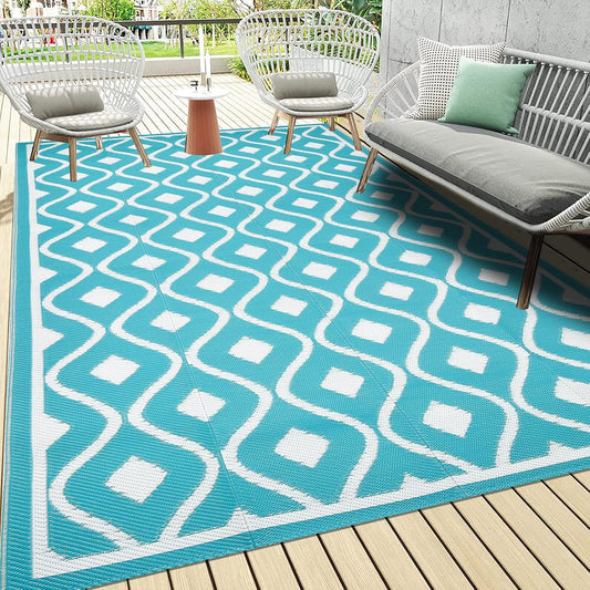 Pauwer Waterproof Outdoor Rug 6x9, Reversible Plastic Straw Patio Camping Rug, Indoor Outdoor RV Mat Carpet for Deck, Camper, Porch, Balcony, Backyard, Picnic, Geometric Teal