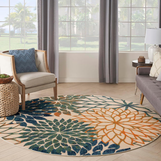 Nourison Home Aloha Tropical Blue Green 5'3" x Round Area -rug, Easy -cleaning, Non Shedding, Bed Room, Living Room, Dining Room, Kitchen (5 Round)