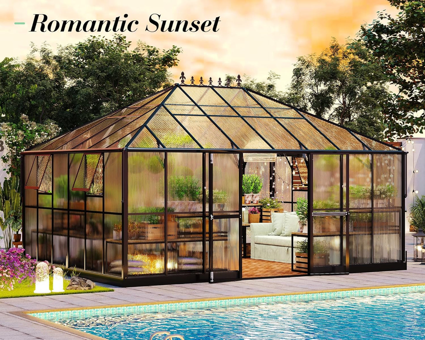 Jocisland 16x12x9.5 FT Polycarbonate Greenhouse- 6 FT Wall Height Outdoor Aluminum Greenhouses with 2 Ventilation and Rain Gutter, Double Doors with Hook, Walk-in Greenhouse for Backyard Garden