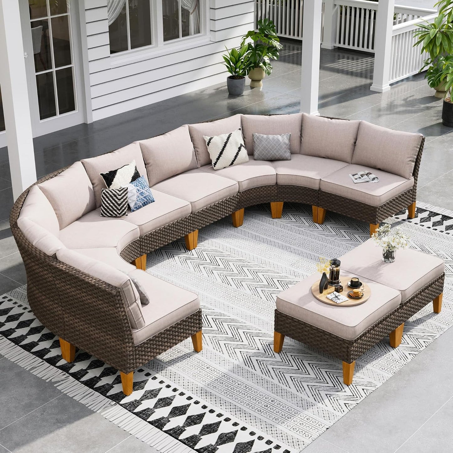 Sophia & William Patio Furniture Set, 10 Piece Half Moon Outdoor Wicker Sectional Sofa Set, High Back Rattan Conversation Set with Ottoman for Backyard, Deck, Pool(Beige)