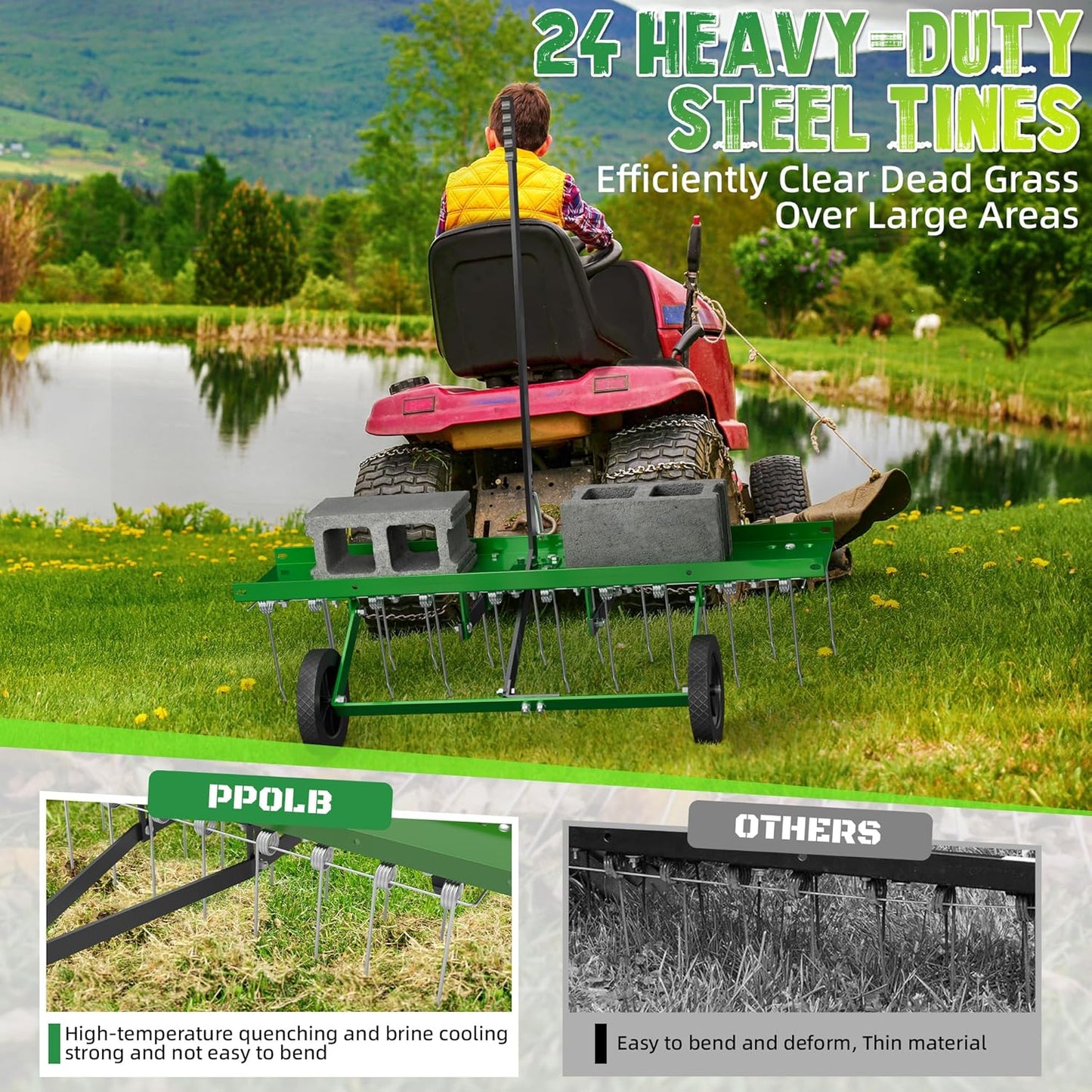 48 Inch Green Tow Dethatcher with 24 Spring Steel Tines, Pull Behind Dethatcher for Outdoor Yard Care, Garden Farm Grass Tractor Rake to Remove Thatch, Leaves and Needles from Large Lawn Areas