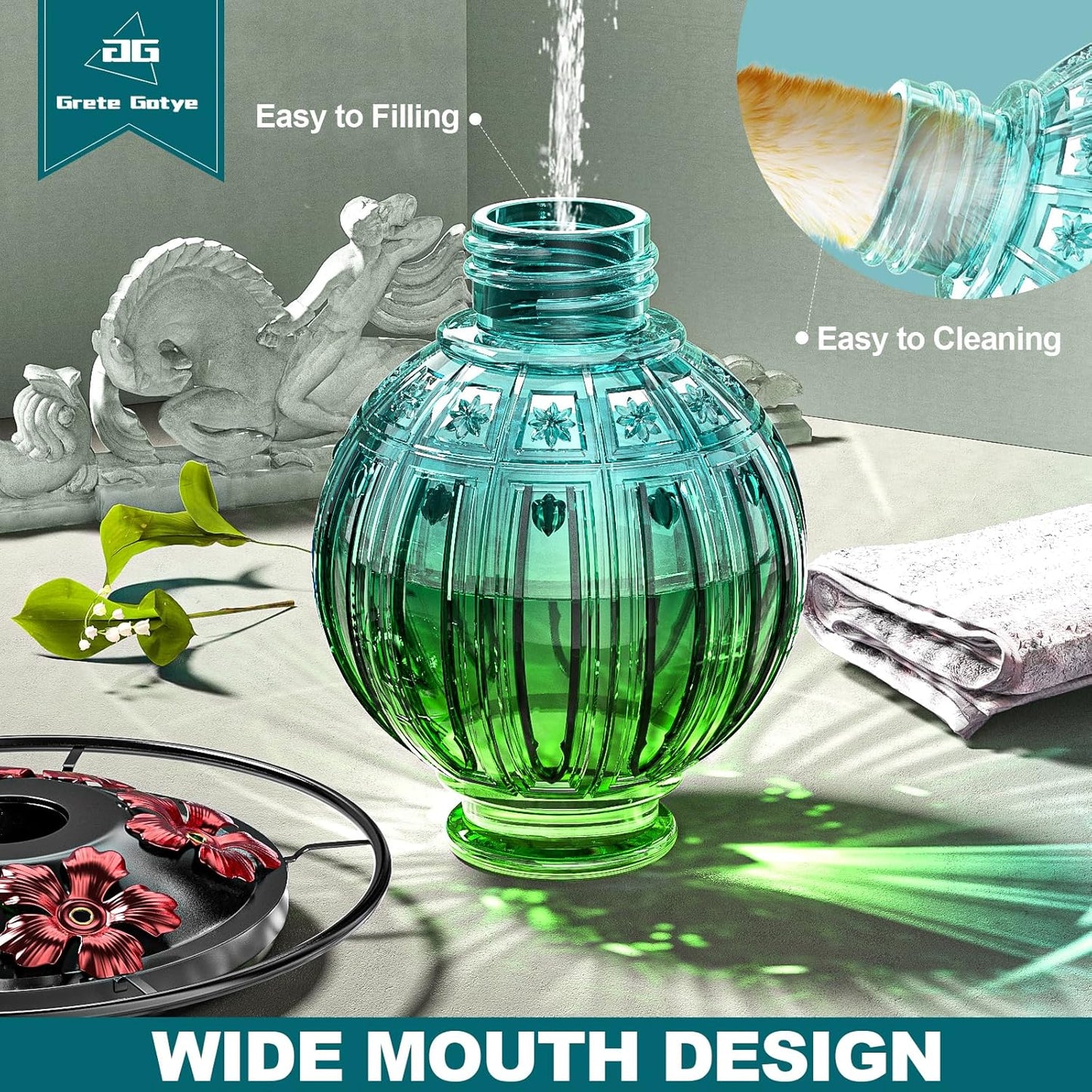 Glass Hummingbird Feeder for Outdoors Hanging, Bird Nectar Feeder with Perch & 5 Flower Feeding Ports, 26 Oz Leak Proof for Outside Garden Decor Backyard, Gifts for Women Mom, Green & Blue