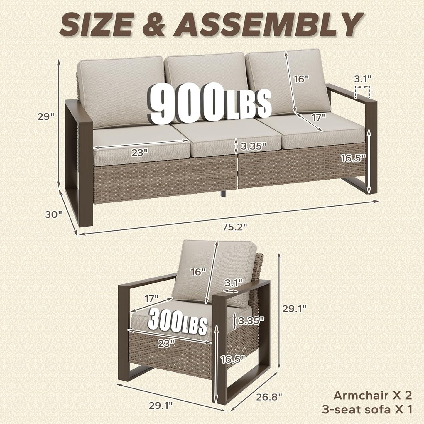 Wicker Patio 75" Sofa Set with Two Armchairs, All Weather Rattan Outdoor Conversation Furniture Set with Wood-Looking Metal Armrest & Removable Cushions for Deck Backyard Porch, Beige