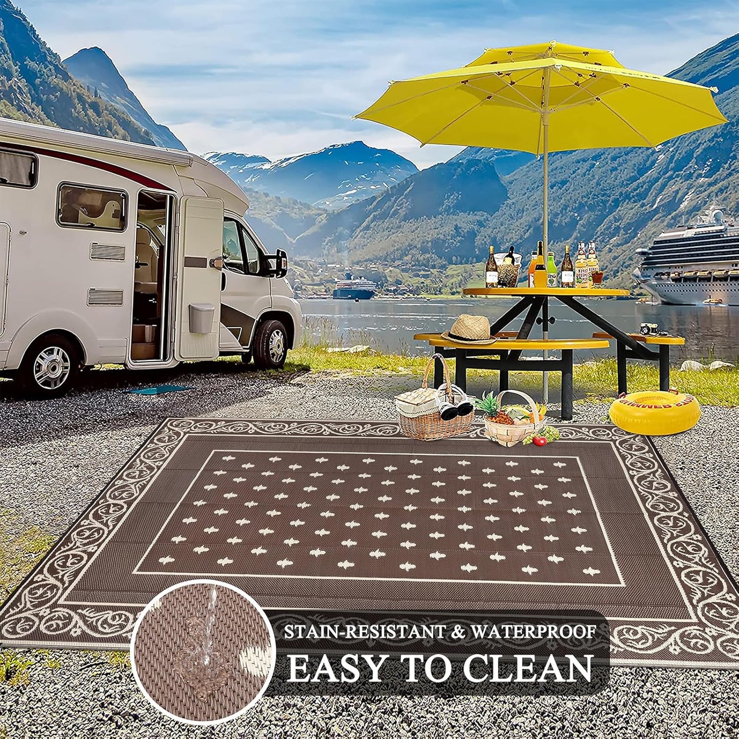 Pauwer Waterproof Outdoor Rug 8x10, Reversible Plastic Straw Patio Camping Rug, Indoor Outdoor RV Mat Carpet for Deck, Camper, Porch, Balcony, Backyard, Picnic, Bordered Brown