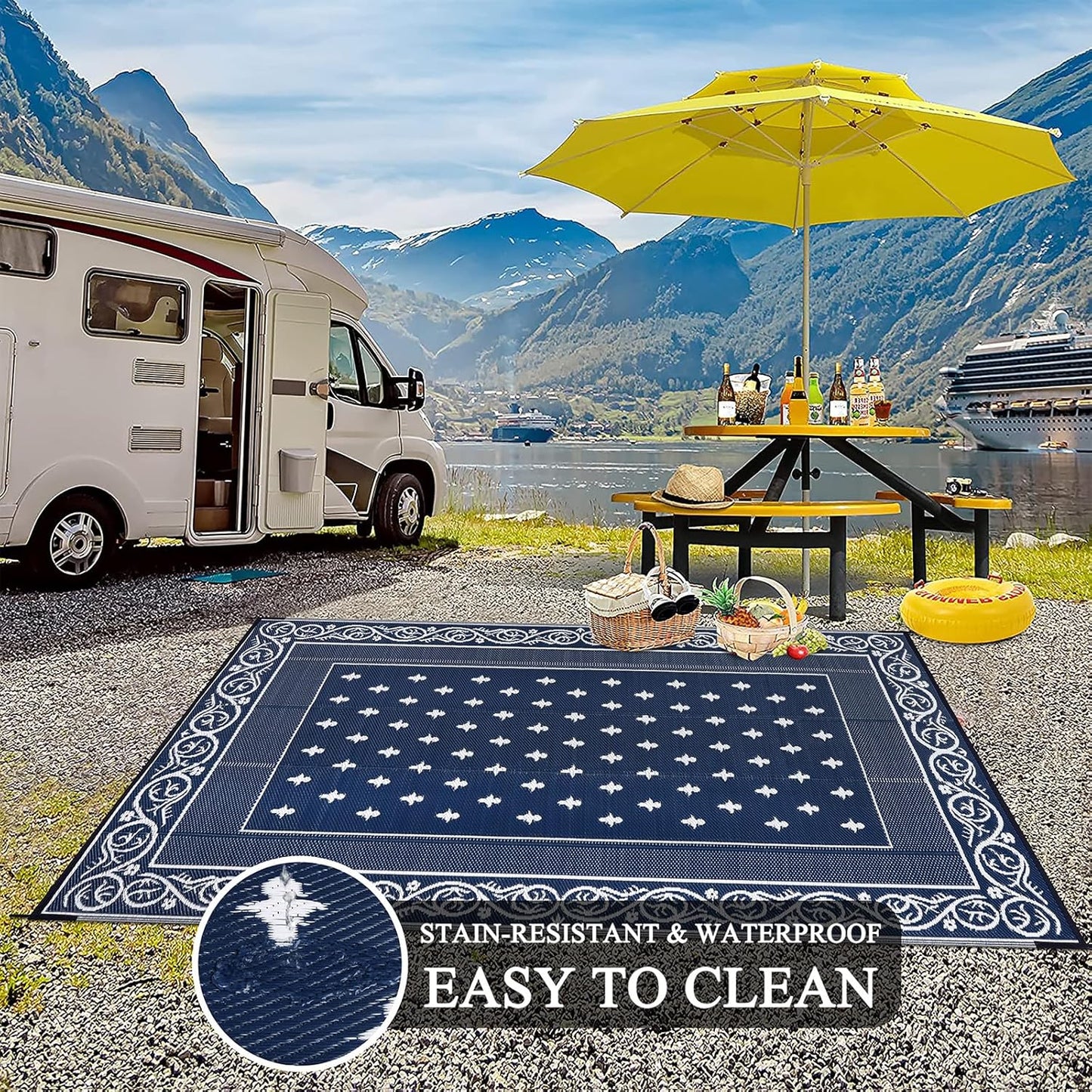 Pauwer Waterproof Outdoor Rug 8x10, Reversible Plastic Straw Patio Camping Rug, Indoor Outdoor RV Mat Carpet for Deck, Camper, Porch, Balcony, Backyard, Picnic, Bordered Navy