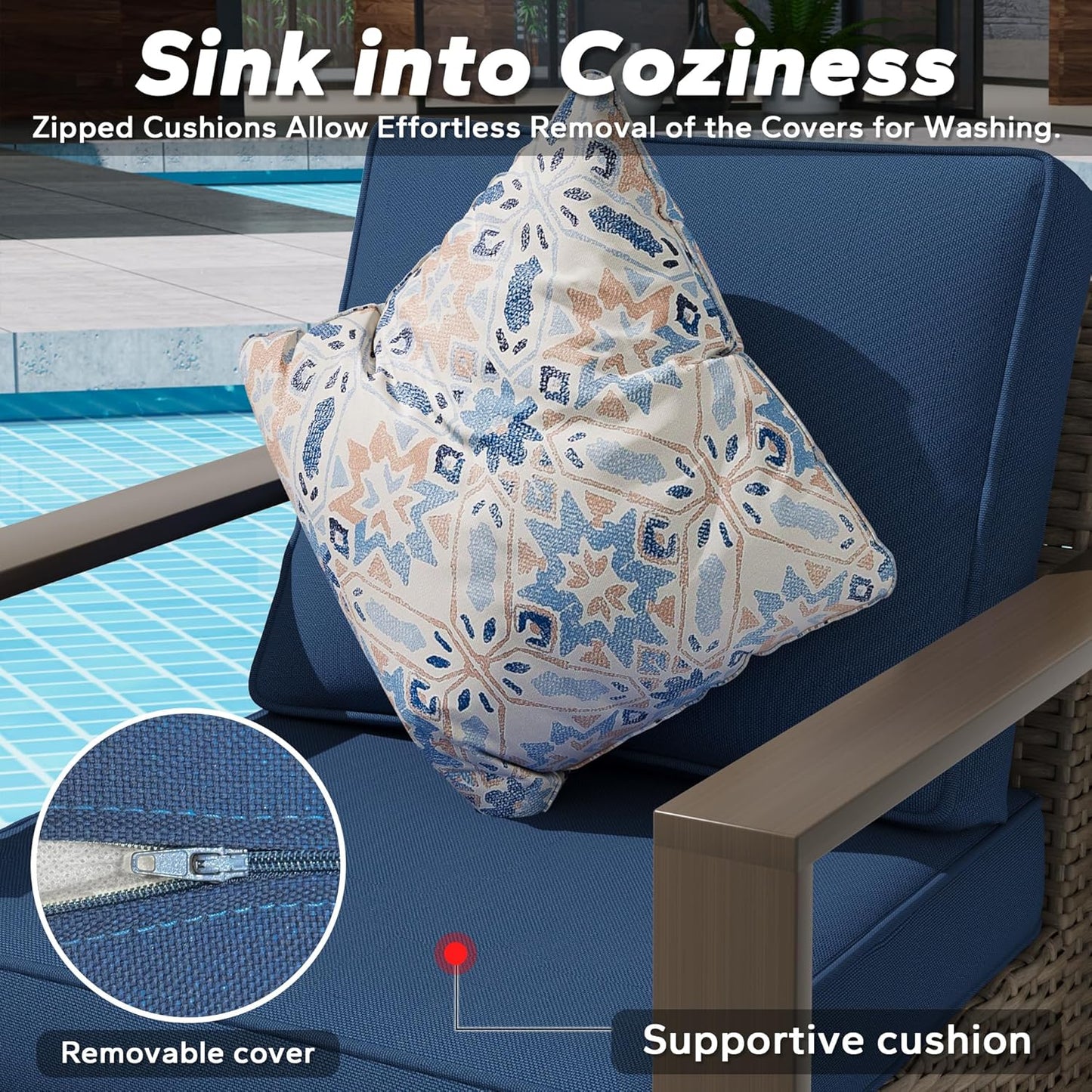 Outdoor Wicker Metal Chairs Set of 2 with Two Ottomans - 4 Pieces Patio Bistro Set with Rectangular Framed Wood-Looking Metal Armrest & Removable Cushions for Poolside, Terrace, Dark Blue