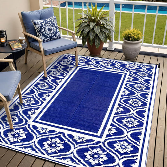 Plastic Outdoor Rug 6'x9' Waterproof Camping Carpet Outside Area Rug Reversible Light Blue Rugs for RV Deck Entryance Porch Picnic Balcony Beach