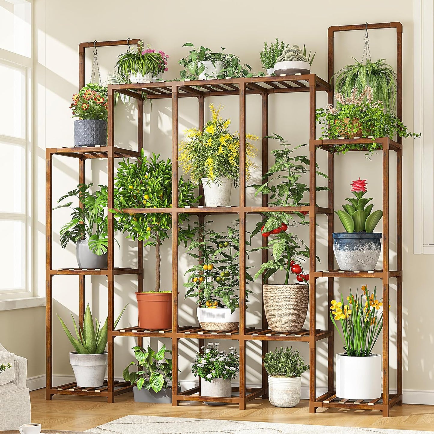 EnHomee Plant Stand Indoor for Multiple Plants Stand Outdoor with 18-22 Potted Double Rod for Hanging Plant Shelf 570 LBS Wood Plants Shelves for Living Room Patio Balcony Yard Garden 56''W×11.6''D×47''H