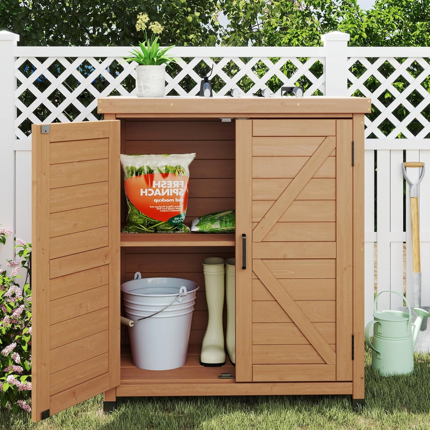 Outdoor Storage Cabinet & Potting Bench Table with Metal Top, Wooden Patio Furniture, Garden Workstation (Light Brwon, 36x31x17in)