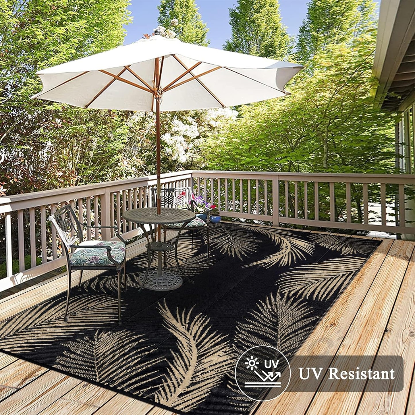 Pauwer Waterproof Outdoor Rug 6x9, Reversible Plastic Straw Patio Camping Rug, Indoor Outdoor RV Mat Carpet for Deck, Camper, Porch, Balcony, Backyard, Picnic, Leaf Black Brown