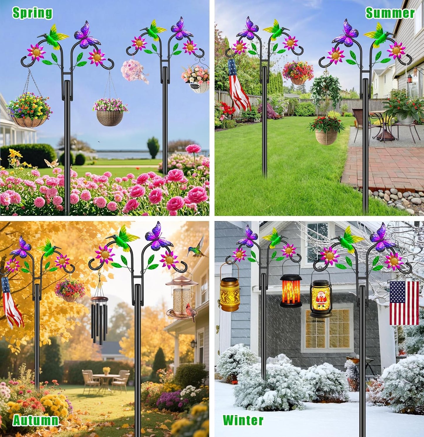 Double Shepherds Hooks for Outdoor, 78 Inch Artistic Hummingbird & Flower Design, 5 - Prong Base, Ideal for Bird Feeders, Baskets & Lanterns (2 Pack)