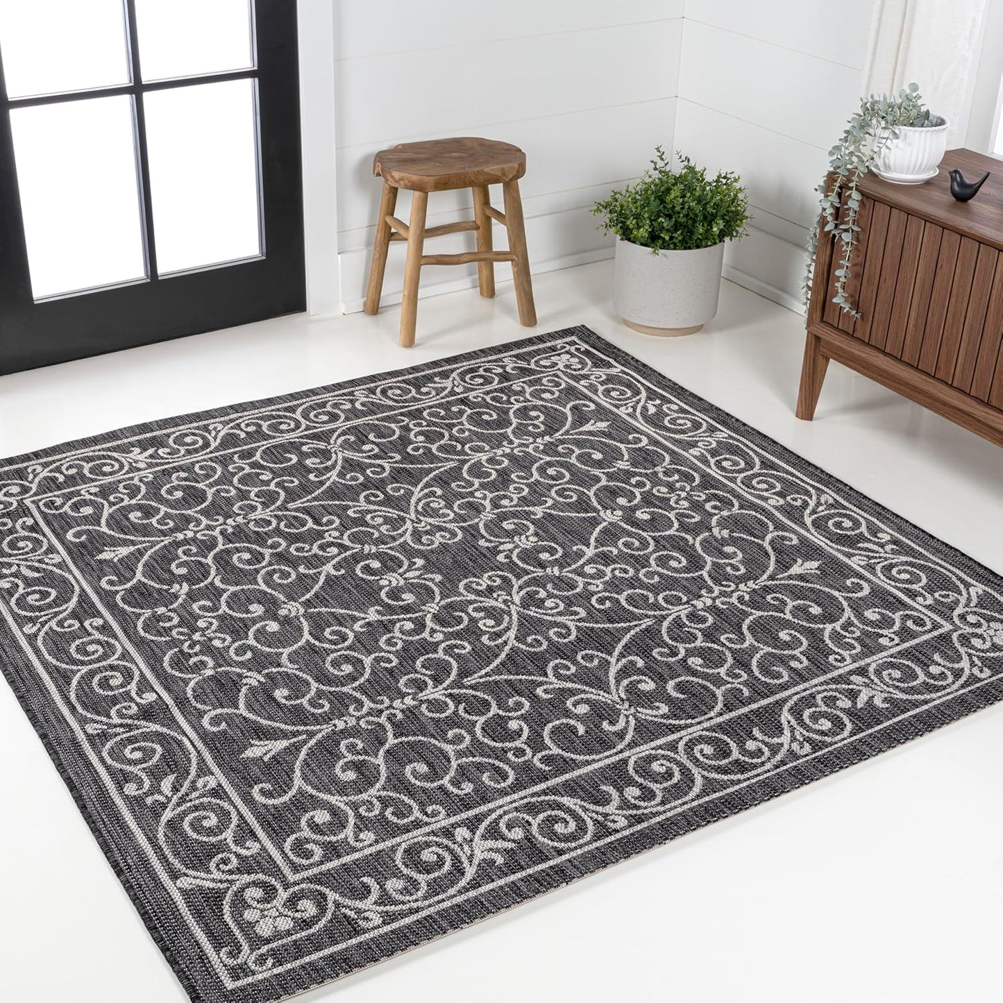 JONATHAN Y SMB106G-3SQ Charleston Vintage Filigree Textured Weave Black/Gray 3' Square Indoor/Outdoor Area Rug, Pet Friendly, Non-Shedding, Stain Resistant, Easy-Cleaning for Backyard, Patio, Porch
