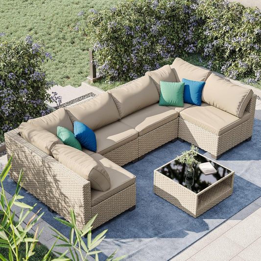 Patio Furniture Set 7-Piece, All-Weather Outdoor Conversation Set Sectional Sofa with Water Resistant Grey Thick Cushions and Coffee Table（Khaki）