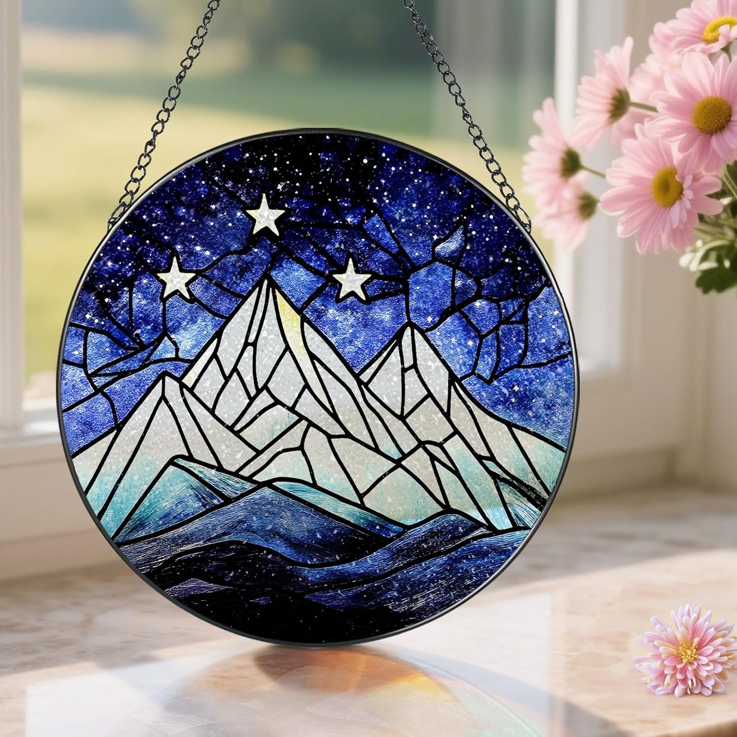 Stained Glass Window Hanging, Pauyadu 8 Inch Stained Glass Suncatcher Ornament, Night Court Window Decor, Suncatchers for Windows Hanging, Nature Lovers Gifts, Gifts for Friend, Lover