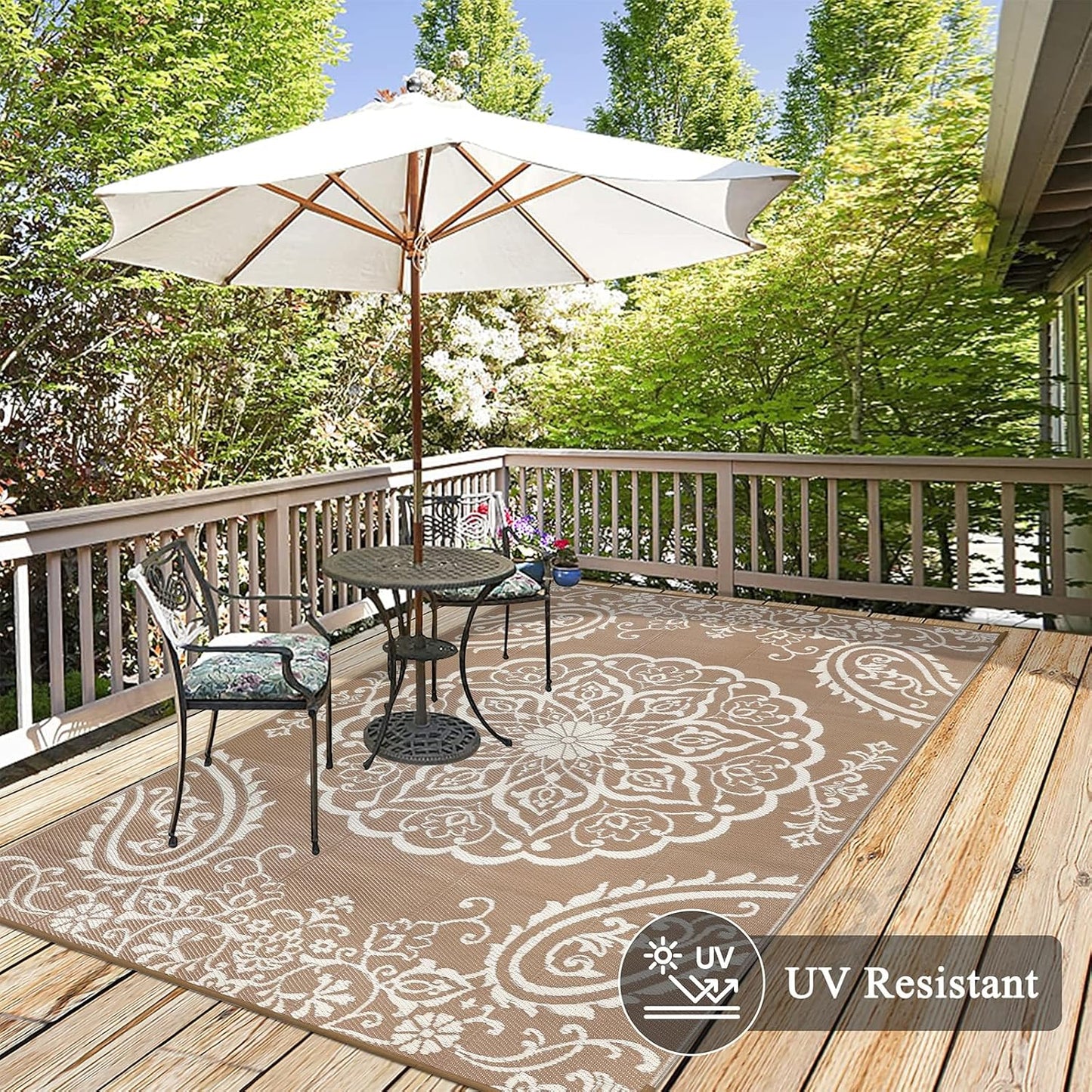 Pauwer Waterproof Outdoor Rug 6x9, Reversible Plastic Straw Patio Camping Rug, Indoor Outdoor RV Mat Carpet for Deck, Camper, Porch, Balcony, Backyard, Picnic, Boho Brown