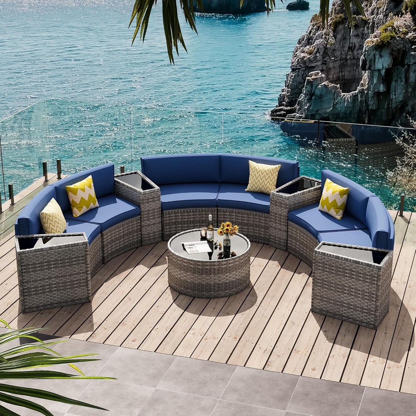 Patio Sectional Furniture Outdoor 11-Piece Grey Rattan Curved Sofa Set with Storage Table, Pillows, Fit for Pool Backyard Balcony Porch Lawn (Navy)