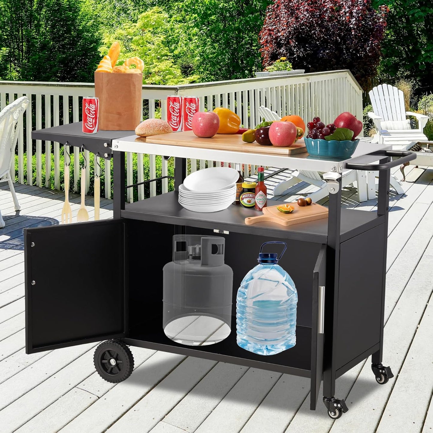 Spurgehom Outdoor Grill Cart, Pizza Oven Stand Table with Stainless Steel Top Movable Kitchen Cooking Prep Table BBQ Cart Kitchen Prep