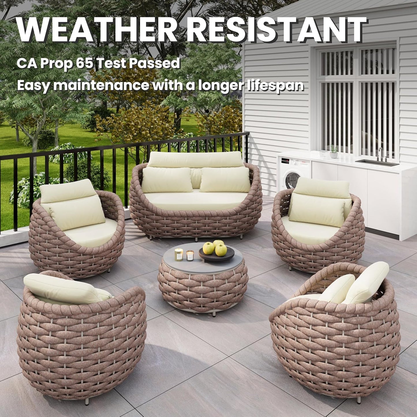 Aluminum Deck Outdoor Furniture Set: 6 Pieces Rope Patio Conversation Sofa Set - Modern Woven Porch Couch Set Cushioned - No Assembly All Weather for 660lbs Yard Garden Lanai Hotel, Terracotta