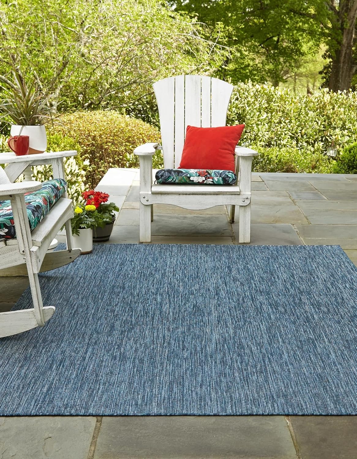 Unique Loom Collection Casual Transitional Solid Heathered Indoor/Outdoor Flatweave Area Rug (5' 1" Square, Blue/Navy Blue)