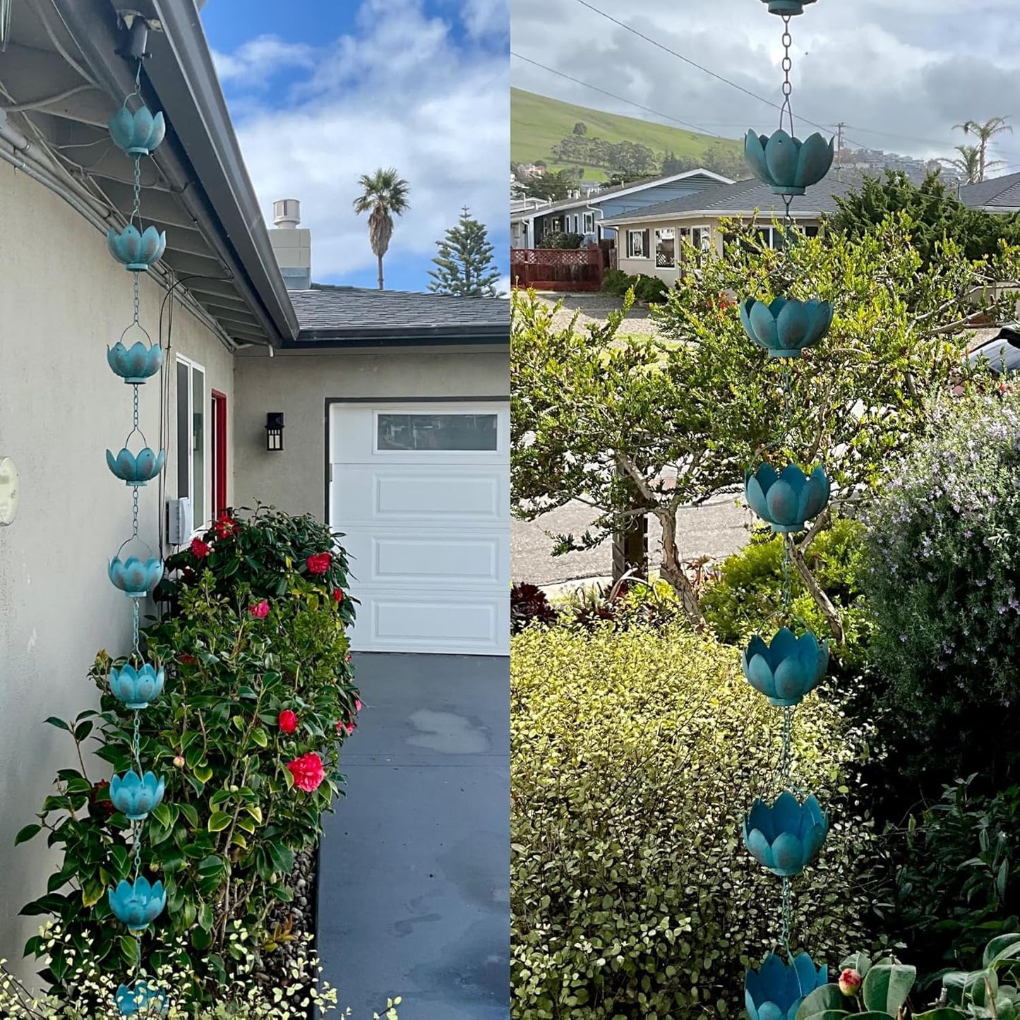 Topadorn 8.5 FT Rain Chain Iron Gutter Chains with 12 Rain Collector Thick Iron Flower Cups Garden Decoration,Lake Blue