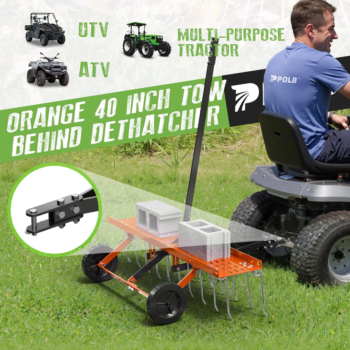 40" Tow-Behind Dethatcher with 20 Spring Steel Tines, Pull Behind Lawn Tractor Mower Grass Rake for Yard, Garden, and Farm Care – Removes Thatch, Leaves, and Pine Needles-Orange