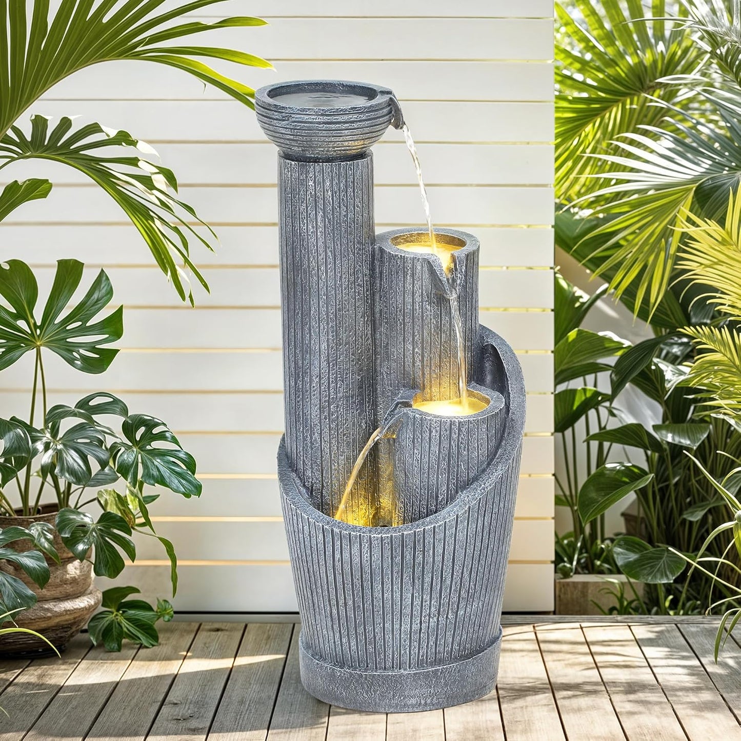 31" Modern Outdoor Water Fountain with LED Lights, 5-Tier Twist Pedestal Bowl Garden Fountain, Cascading Waterfall for Relaxing Garden, Patio, Backyard, Deck, Porch or Home Decor