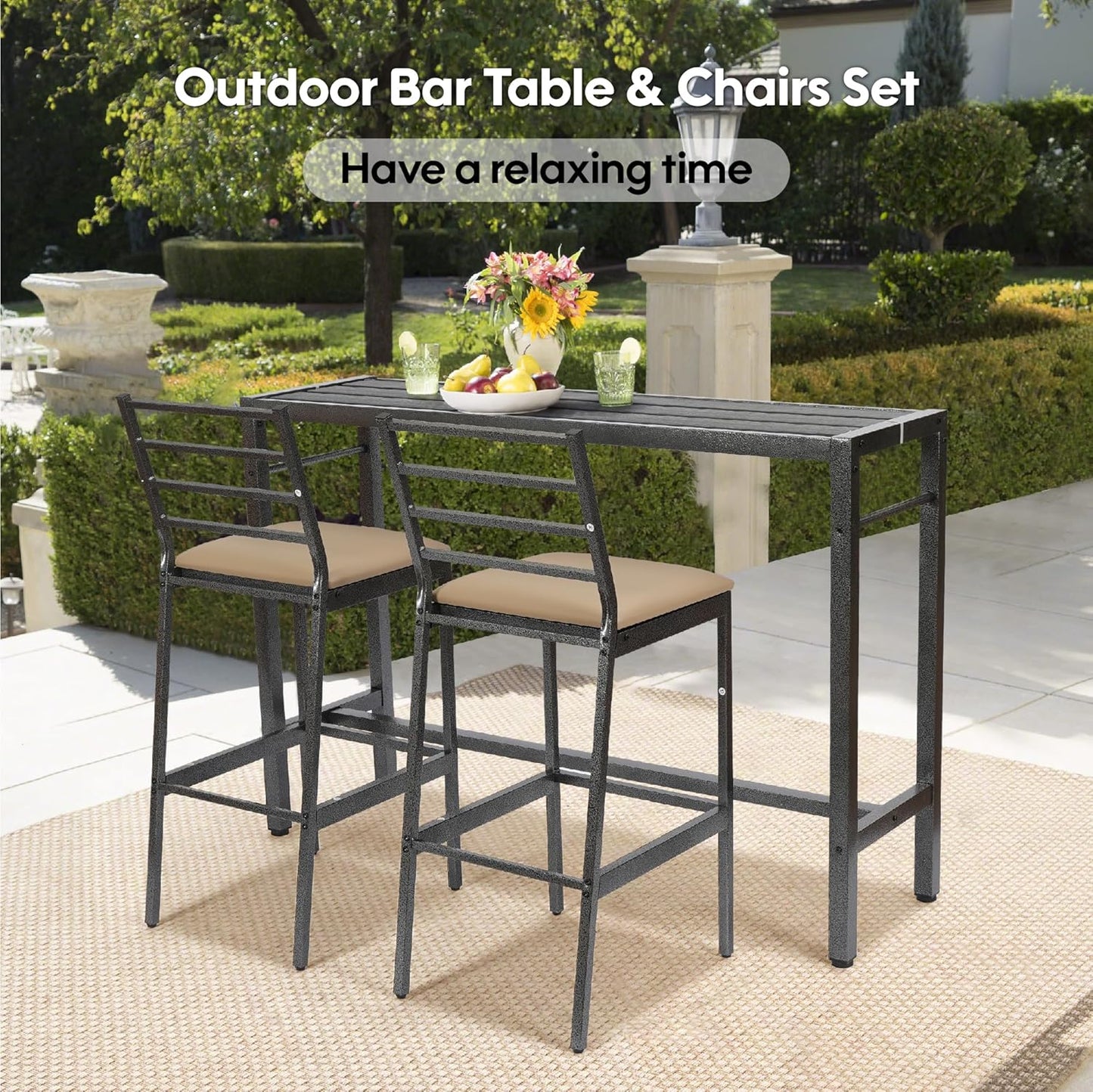 3Pcs Outdoor Patio Bar Set with Cover, 55" Rectangular Pub Height High Top Bar Table with 2 Cushioned Bar Stools, Metal Bar Table and Chairs Set for Outside, Patio, Balcony, Deck