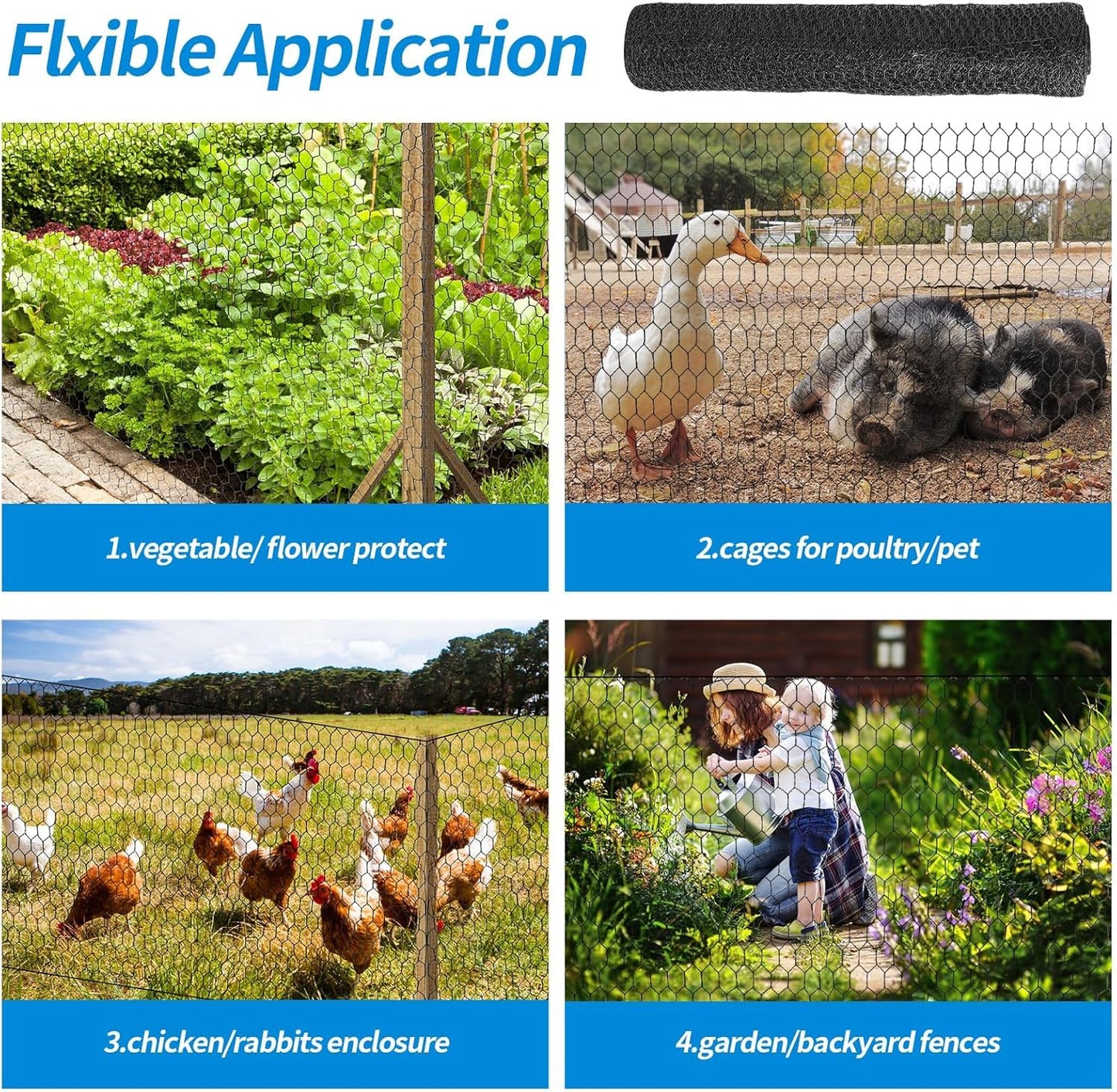 24'' x 150' Black Chicken Wire Mesh Fence, 20 Gauge Galvanized Poultry Netting and 1 inch Garden Mesh Fence Roll, Chicken Wire for Floral Arrangements/Crafts/Farm/Livestock/Pet Protection