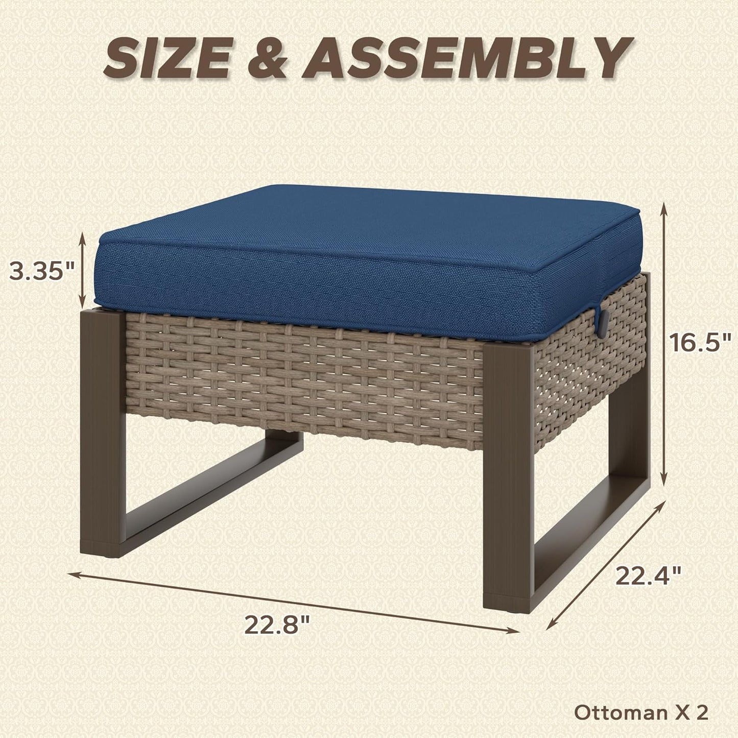 Patio Metal Wicker Ottoman Set of 2, Outdoor PE Rattan Footstools with Removable Cushions & Wood-Looking Metal Steel Framed Legs for Garden Backyard Porch Deck, Dark Blue