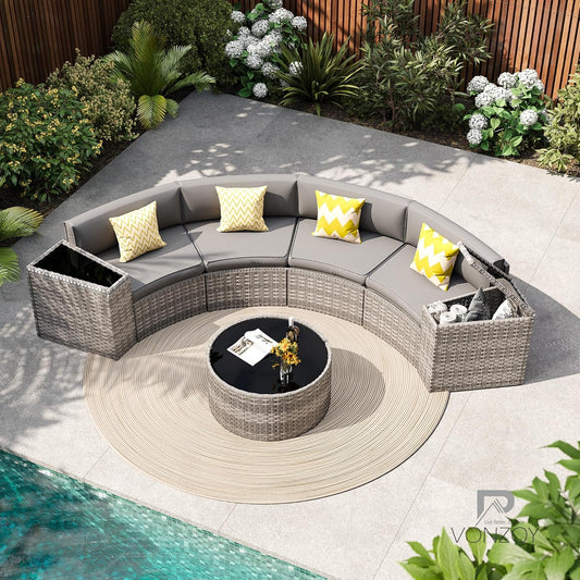 Patio Sectional Furniture Outdoor 7-Piece Grey Rattan Curved Sofa Set with Storage Table, Fit for Pool Backyard Balcony Porch Lawn (Grey)