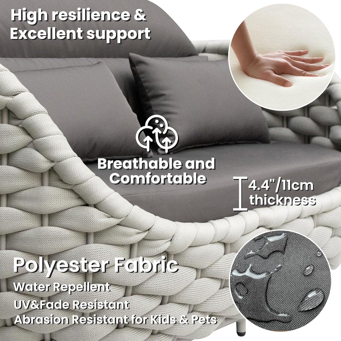 6 Pieces Rope Patio Furniture Set: Aluminum Outdoor Couch Set Cushioned - Assembled Conversation Sofa Set Modern - Metal Porch Seating for 7 Person - All Weather for Deck Garden Poolside Hotel