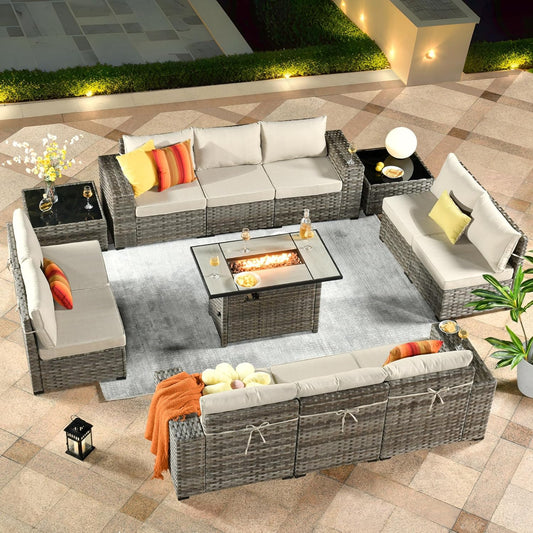 ovios 13 Pieces Patio Furniture Set, Outdoor Wicker Sectional Sofa with 42 Inch Fire Pit Table Comfy Cushions, Modern Modular Deep Seat Rattan Couch Conversation Set, Beige